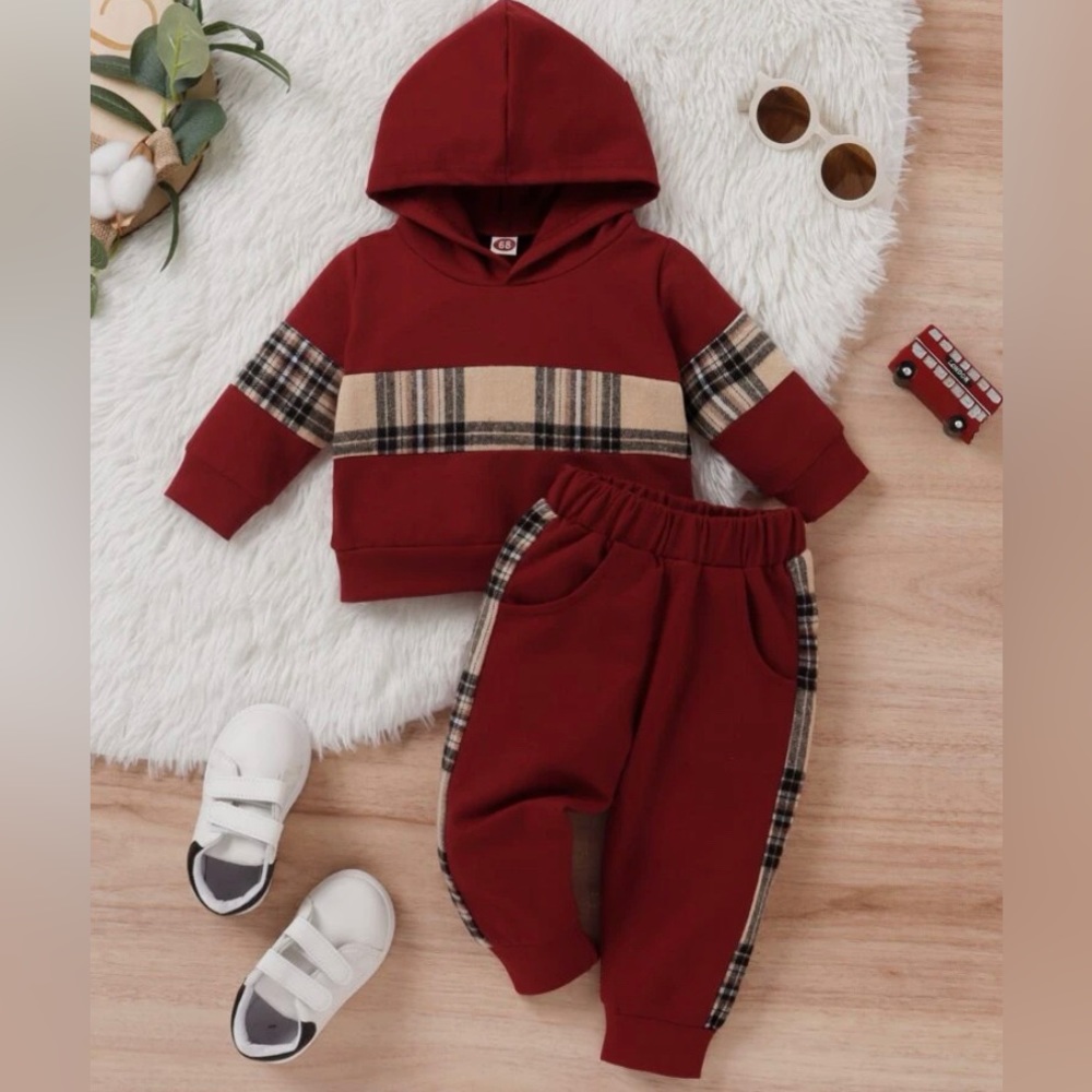 Boys Plaid Panel Drop Shoulder Hoodie & Sweatpants